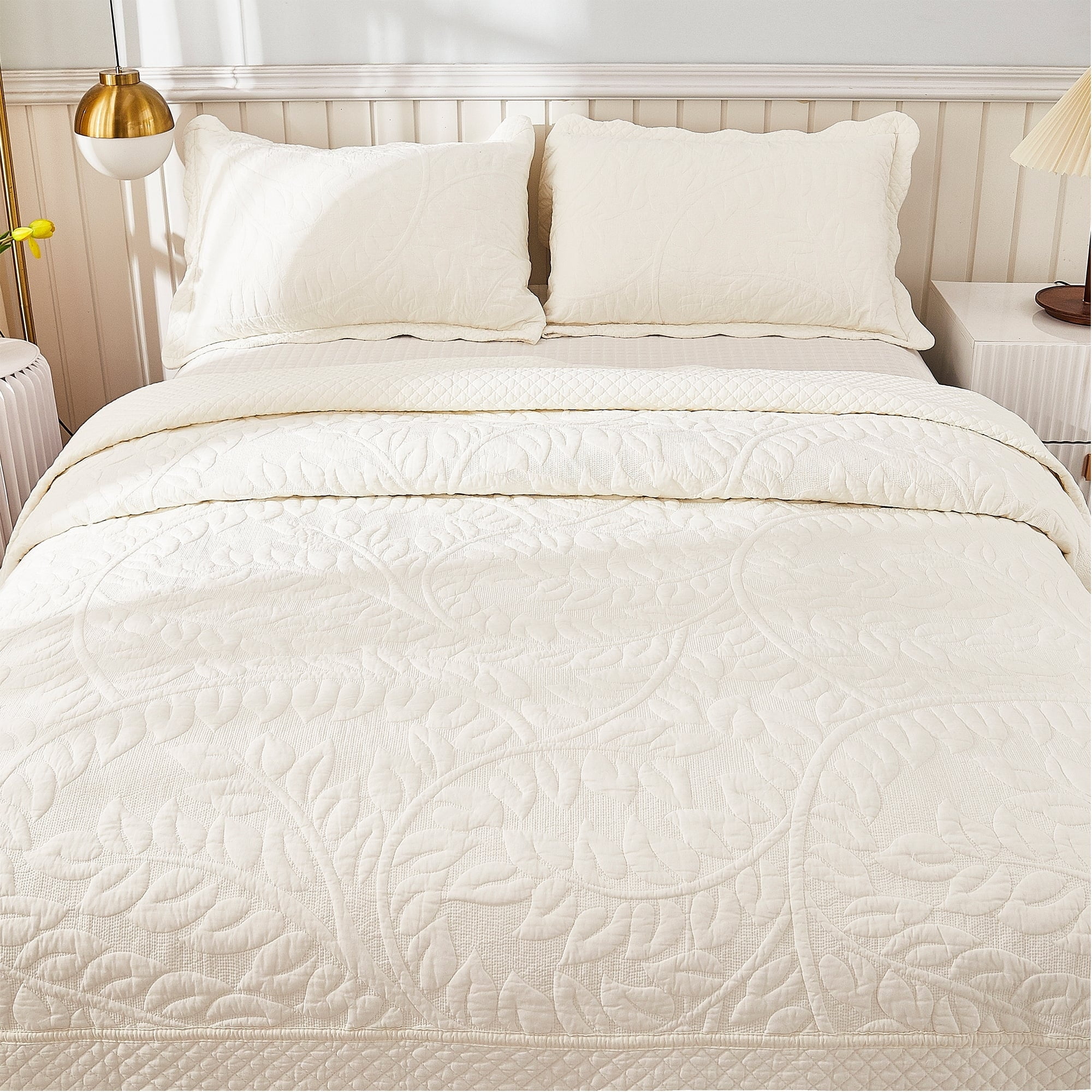 MarCielo  3 Piece Cotton Oversized Bedspread Quilt Set Tmonica Soft White - Queen