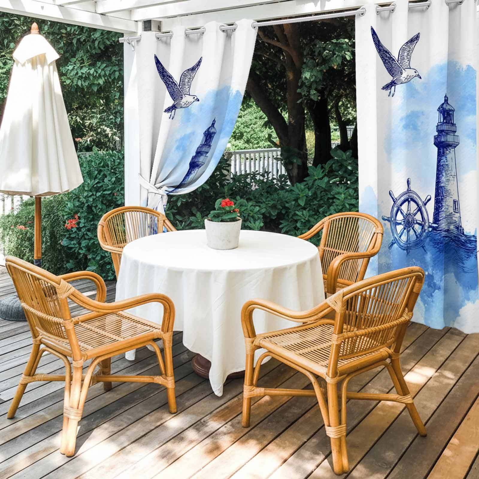 Summer Outdoor Curtains for Patio, Watercolor Seagull Blue Line Ship Rudder Lighthouse Sea Wave Sunshade Privacy Drapes Grommet Waterproof Outside Curtains for Porch/Cabana/Balcony 54"x 108", 1 Panel