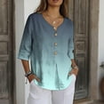 thumbnail image 6 of Jsaierl 3/4 Sleeve Cotton Linen Womens Tops Plus Size Button Up V Neck Shirts Fashion Graphic Ladies Blouses Flowy Vacation Tunic Top S-2XL, 6 of 7