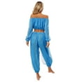 thumbnail image 5 of TiaoBug Womens Belly Dance Costume Long Sleeve Off Shoulder Crop Top+Sequined Dots Chiffon Pants Set Sky Blue One Size, 5 of 6