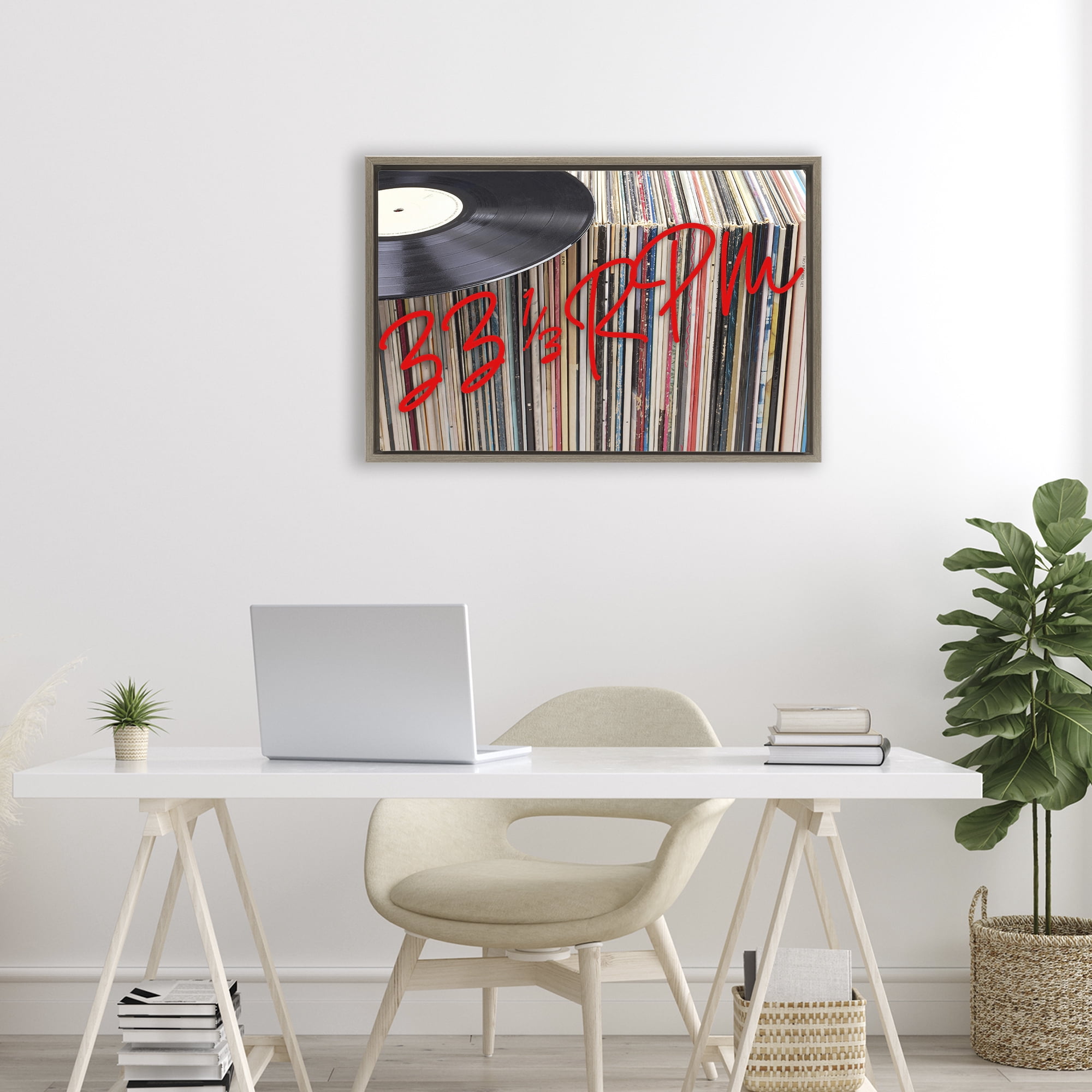 Stupell Industries Vinyl Record Stack Collection Brown Framed Floater Canvas Wall Art, design by Lil' Rue