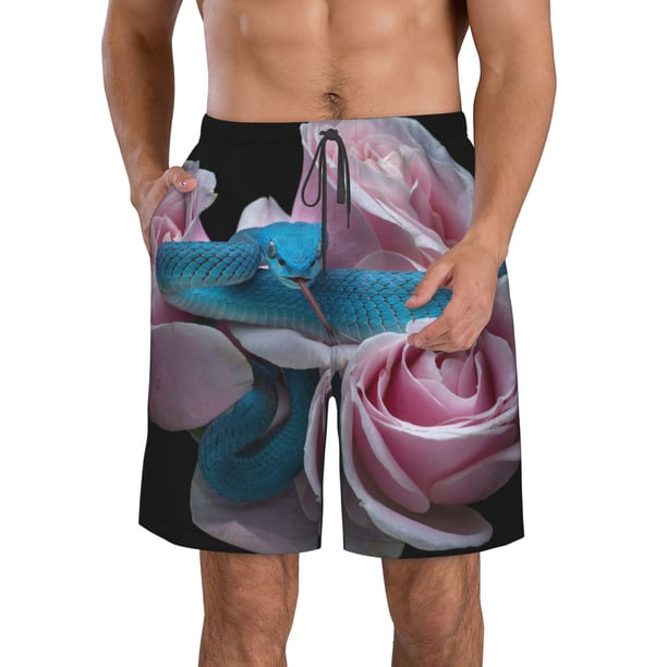 Fotbe Blue Lipped Pit Viper And Three Pink Roses Trajes de Baño Estampados para Hombre, Shorts de Verano de Secado Rápido, Ropa de Playa, Bañadores-XX-Large