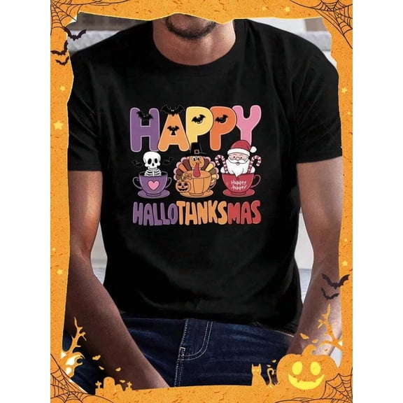 Men's Plus Size Halloween Thanksgiving T-Shirt - Happy Hallothanksmas Skeleton Turkey Graphic, Casual Short Sleeve Tee For Big & Tall, Beige With Festive Holiday Design, Daily Wear Shirt,Nightmare Be