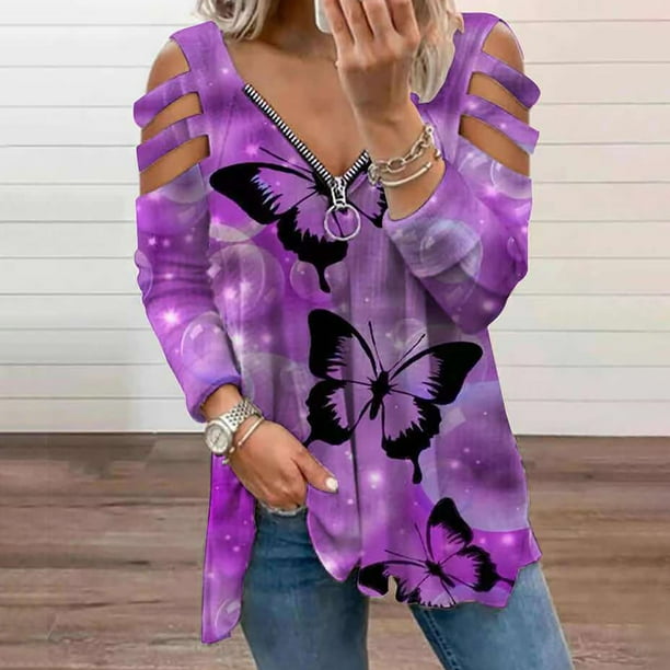 Blusa informal de manga larga con estampado de mariposas y