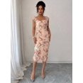 thumbnail image 3 of Orange Womens Romantic Floral Mesh Ruched Midi Dress With Square Neck And Short Puff Sleeves, 3 of 6