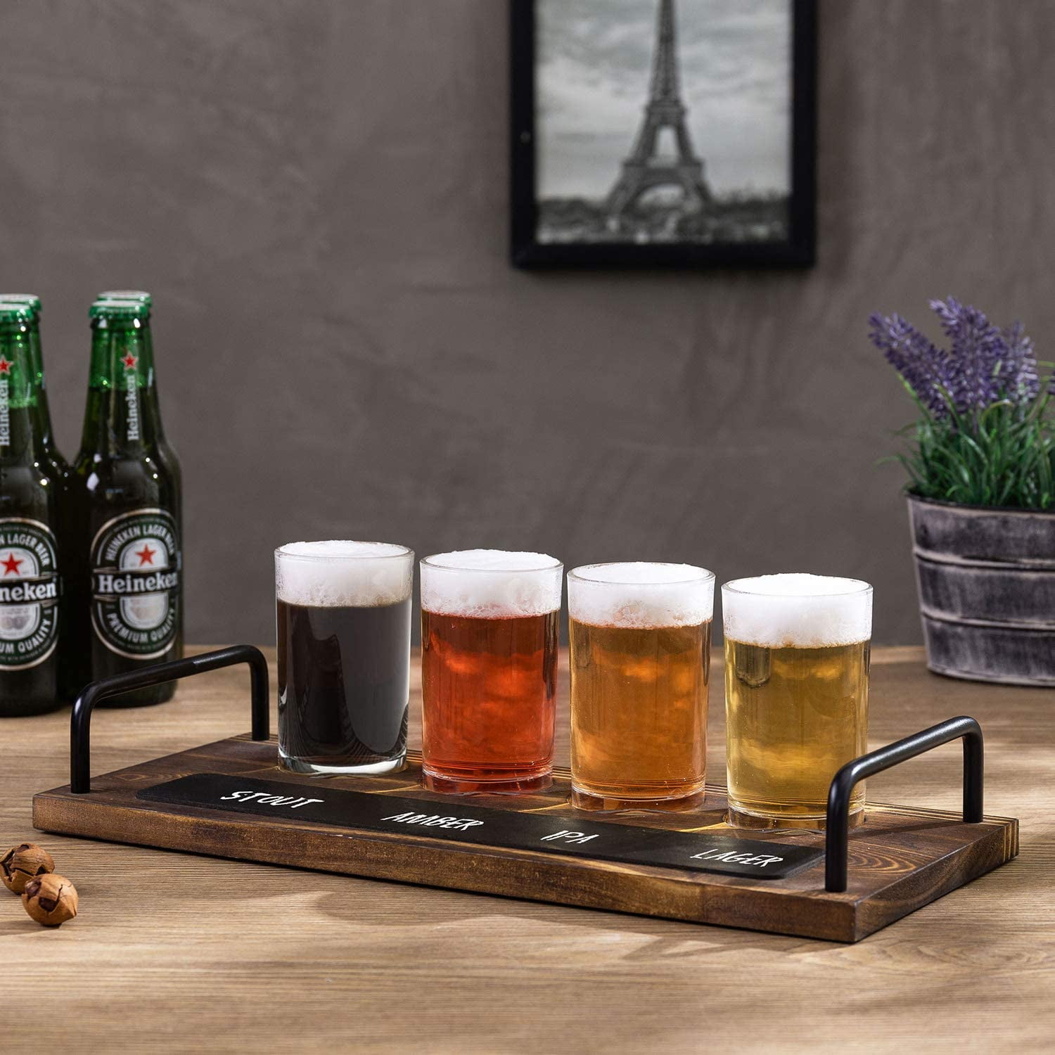 Torched Wood Beer Flight Board with 4 Beer Mugs and Erasable Chalkboar –  MyGift