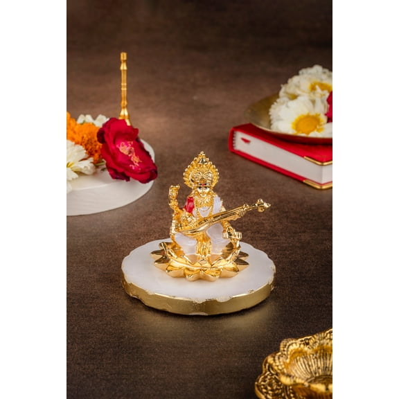 Goddess Saraswati Idol in White & Gold - 3 Inches
