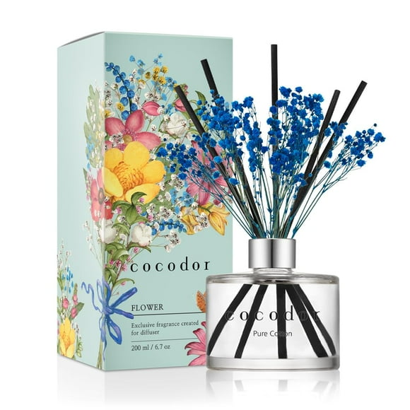 COCODOR Flower Reed Diffuser Set / 6.7oz / Pure Cotton/Scent Diffuser with Sticks Home Fragrance Reed Diffuser for Bathroom Shelf Decor