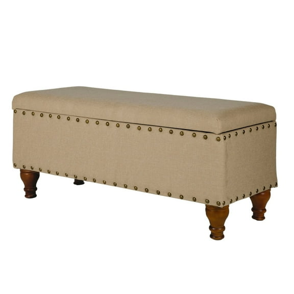 Fabric Upholstered Wooden Storage Bench With Nail head Trim, Large, Tan Brown