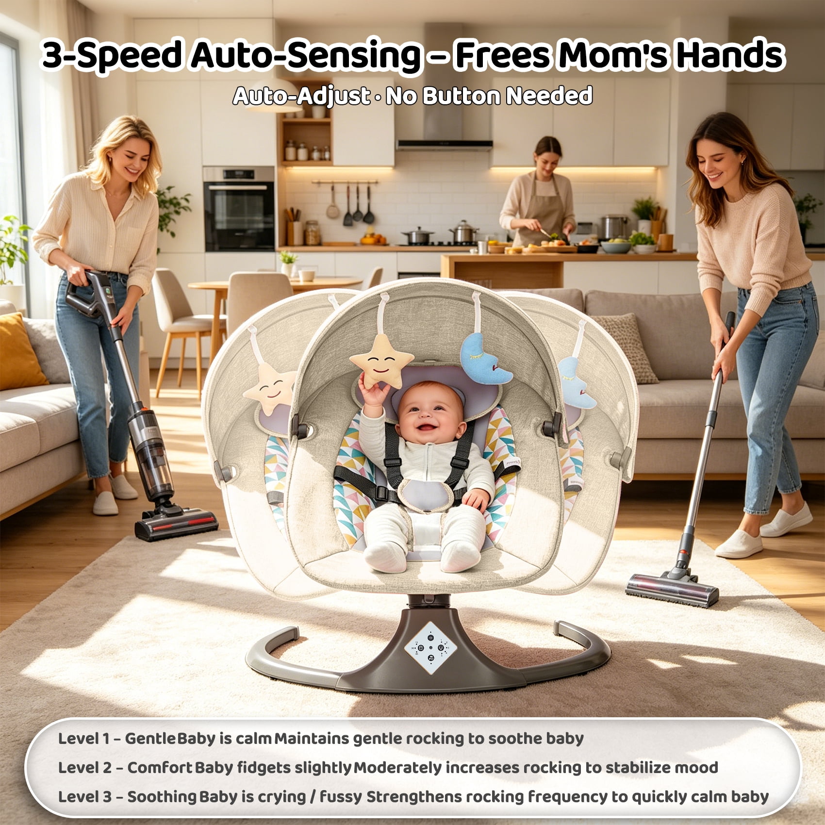 Electric Baby Swing, Caveen Infant Swing Rocker with Remote Control, 5 Sway Speeds, Bluetooth Music, Grey