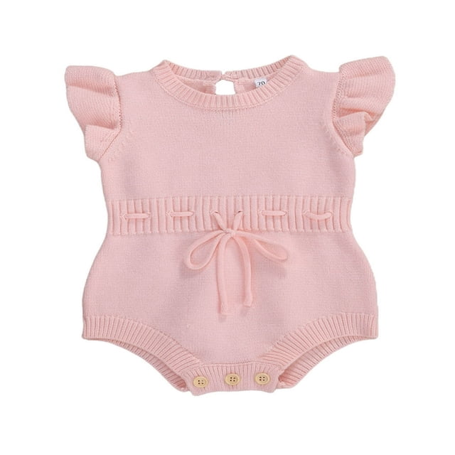 Newborn Infant Baby Girl Jumpsuit Solid Color Ruffle Sleeveless Knit Drawstring Romper Clothes Purple 12-18 Months