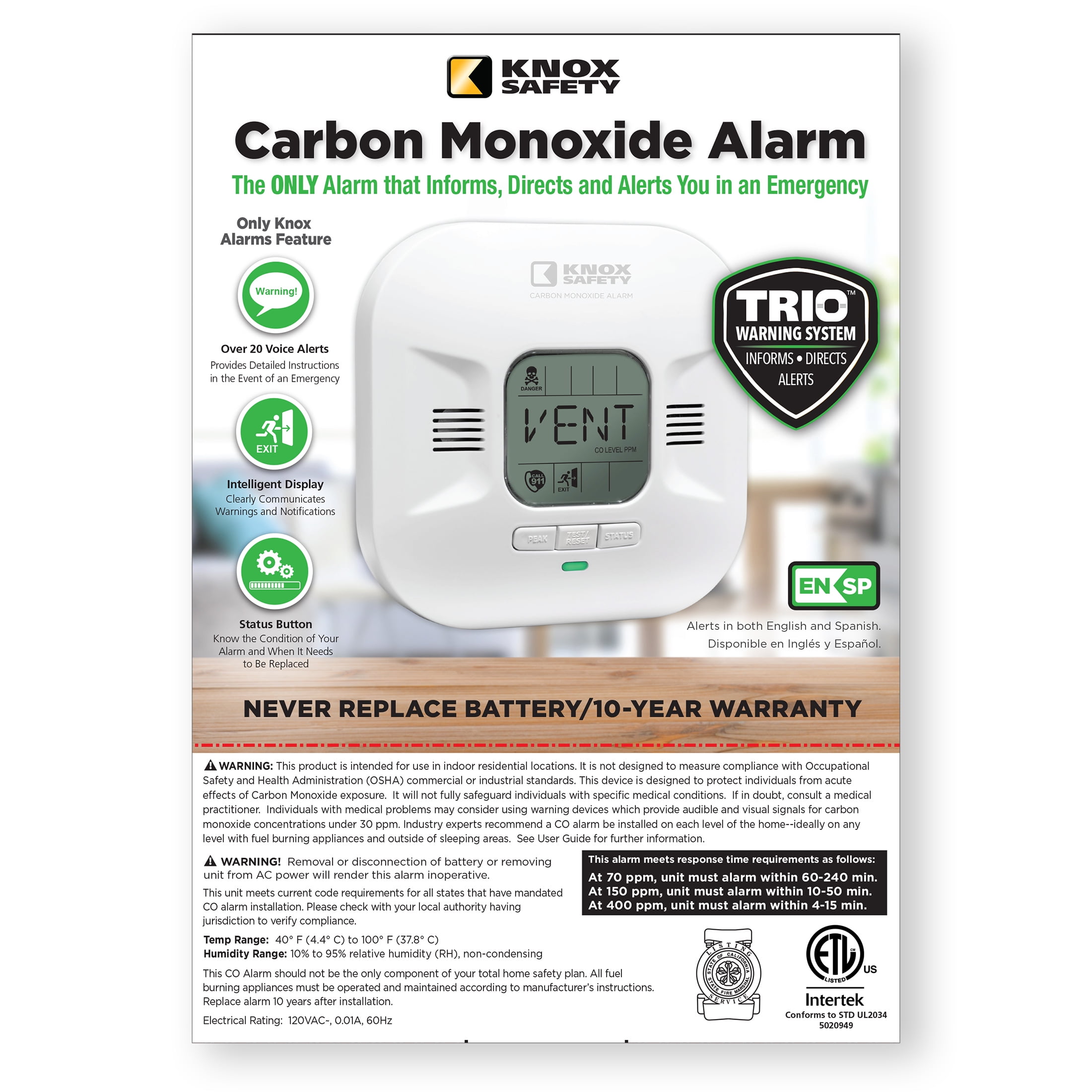 (2 pack) Knox Safety Plugin Carbon Monoxide Detector, Voice Alert & LCD Display, 10-Year Battery Backup