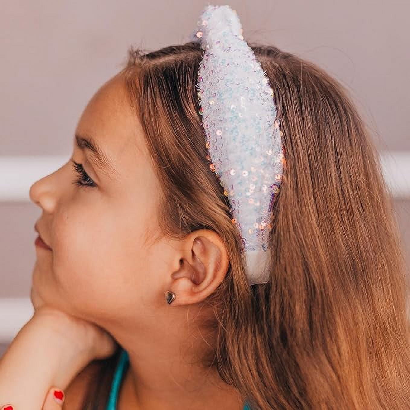 FROG SAC Sequin Knot Headband for Girls, White Knotted Hair Bands Accessories for Kids, Sparkly Iridescent Little Girl Headbands, Cute Sequined Hairbands for Tweens Back to School