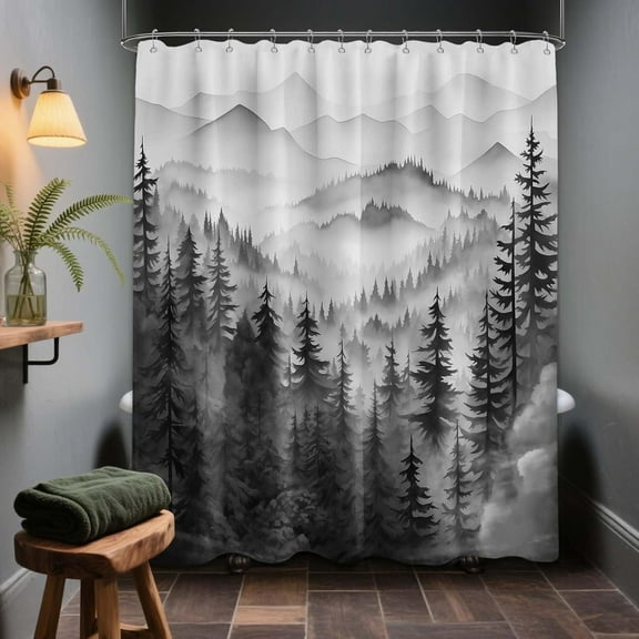 Mountain Shower Curtain Forest Black White Nature Shower Curtains for Bathroom Decor Rustic Woodland Bath Curtain Liner Pine Tree Cool Bath Curtain Set with Hooks