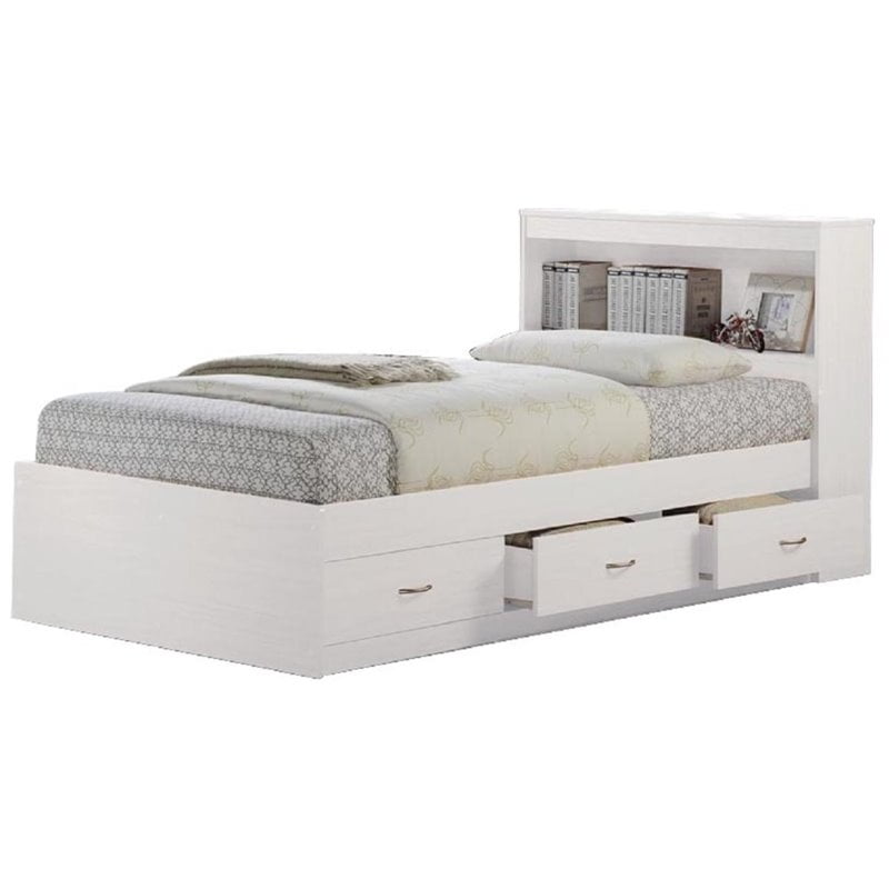 Hodedah Twin Size Captain Bed with 3 Drawers and Headboard in White