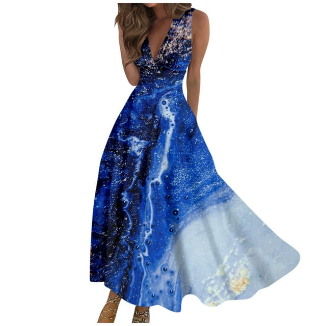 Robes d'Été pour Femmes, Jolies Robes Décontractées à Fleurs à Col en V Sans Manches, Robes Maxi, Robes Fluides pour Femmes