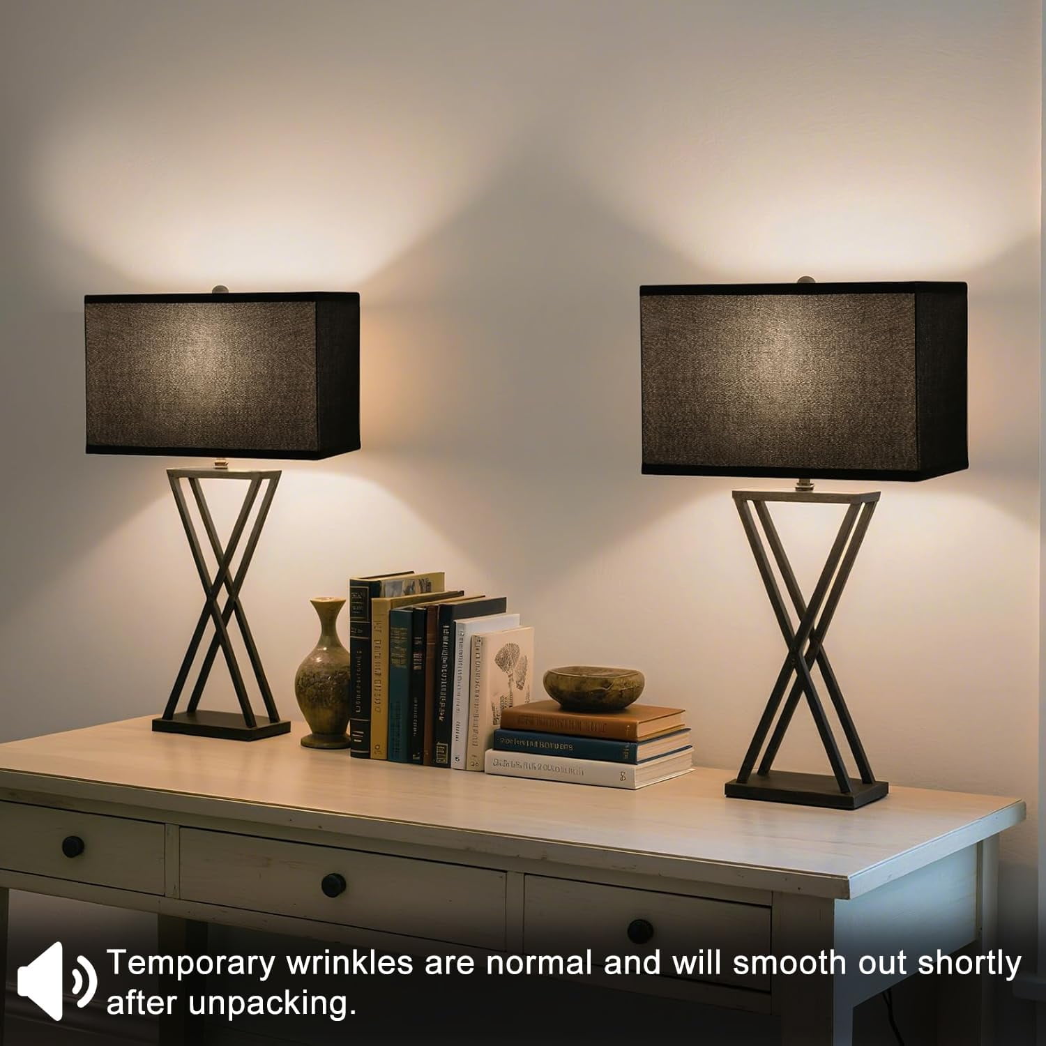 Black Lamp Shades Set of 2, Large Rectangle Lampshades Replacement, 16"L x 8"W x 10"H, Fabric Lamp Shade for Table Lamps Floor Lamps, Spider, Harp Holders Included, Easy Assembly Required