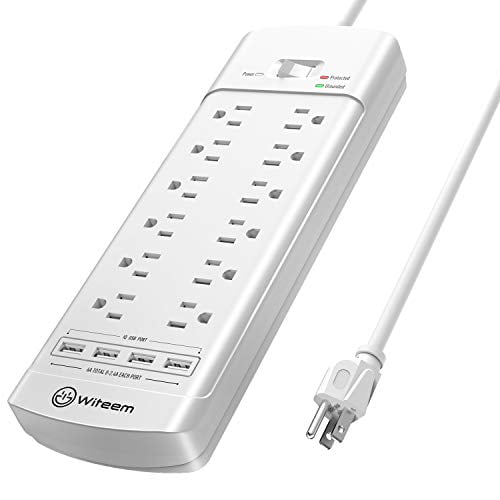 Power Strip, Witeem Surge Protector with 12-Outlet (1875W/15A, 4360Joules)  and 4 USB Charging Ports (5V/6A, 30W), 6Ft Extension Cord, Wall Mountable  Overload Protection Outlet for Home & Office, White 