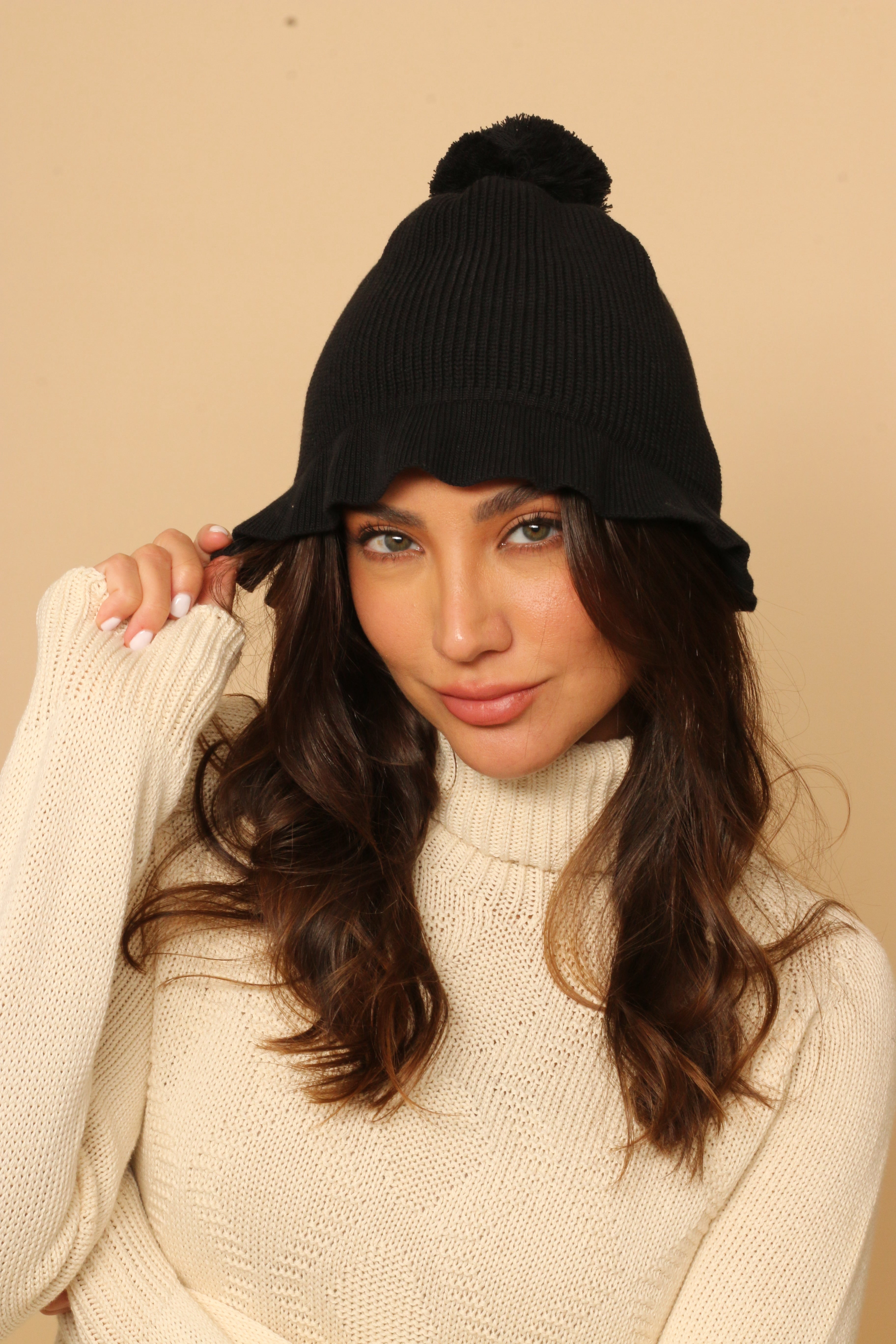 Helene Berman Pompom Beanie Black Pompom Beanie High Black - Tomorrowland Store main image 2