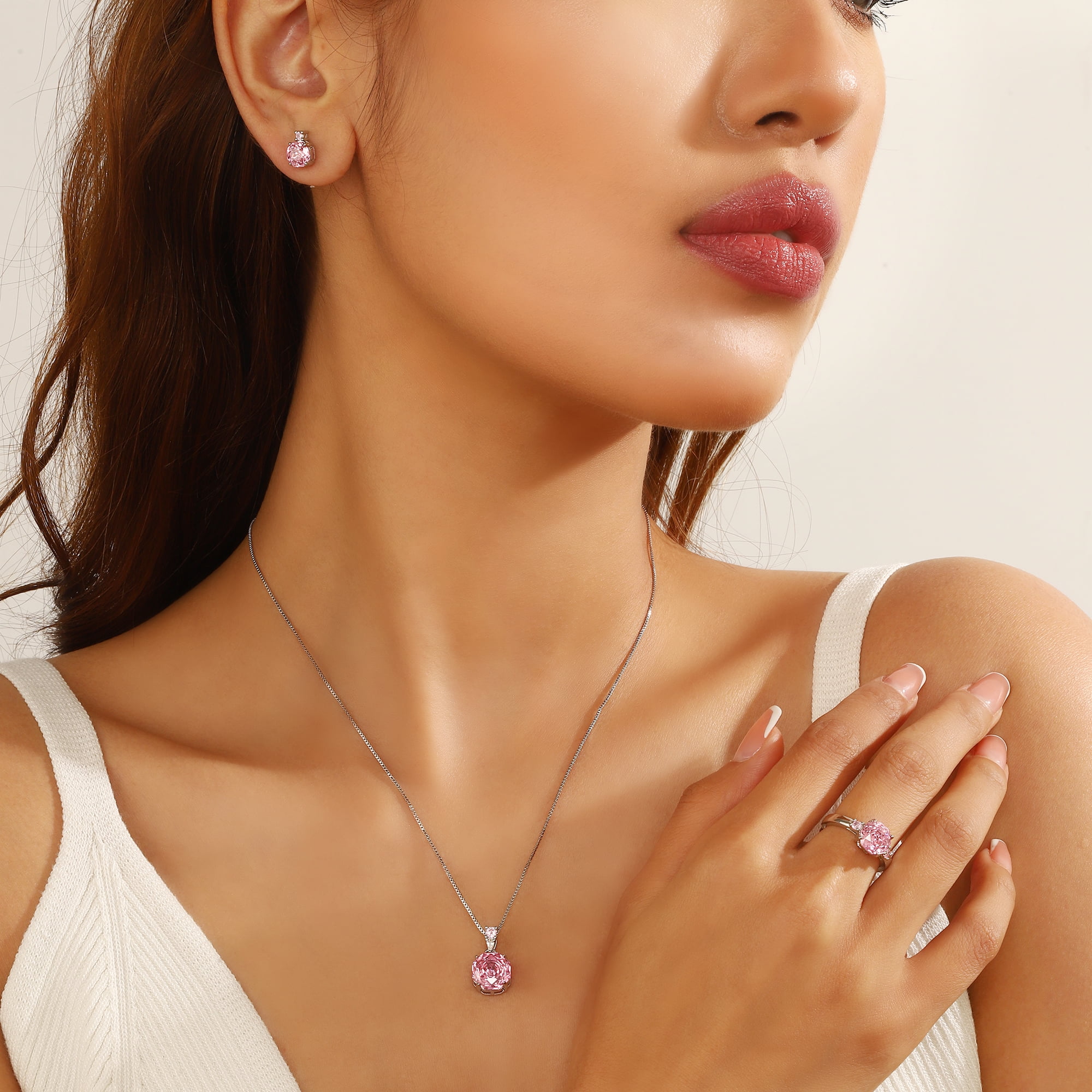 Ydou Rose Jewelry Set - 18K White Gold Plated Rose Cut Cubic Zirconia Flower Necklace/Earrings/Ring Set Anniversary Birthday Jewelry Gift for Women