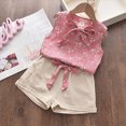 thumbnail image 2 of Summer Girls Outfits Toddler Girl Sleeveless Bow Tie Floral Top and Solid Color Pocketed Shorts with Belt Fashion Set Pink 3 Years, 2 of 5