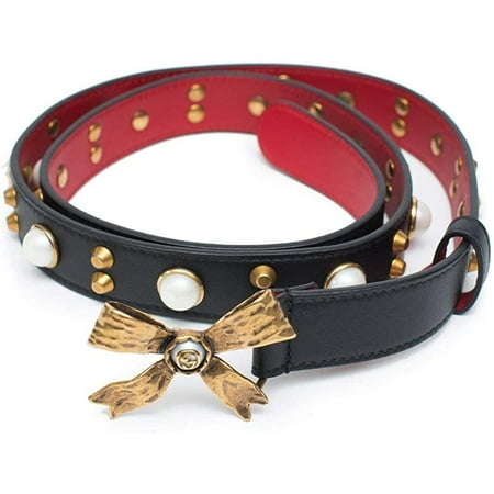 Gucci Studded leather belt metal bow hibiscus red black Belt Moon Pearl Italy New