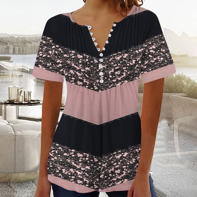 Blouses for Women Womens Printed V-neck Button Up Short Seeved Top