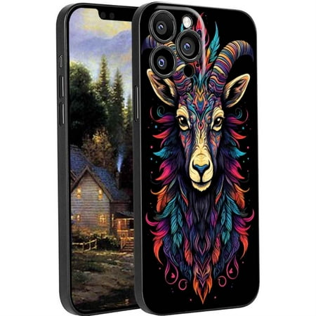 tribal-Mountain-Goat-with-feathers phone case for iPhone 13 Pro for Women Men Gifts,Soft silicone Style Shockproof - tribal-Mountain-Goat-with-feathers Case for iPhone 13 Pro