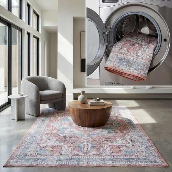SAFAVIEH Vintage Heriz Alban Medallion Machine Washable Area Rug, Blue/Red, 6'7" x 6'7" Square