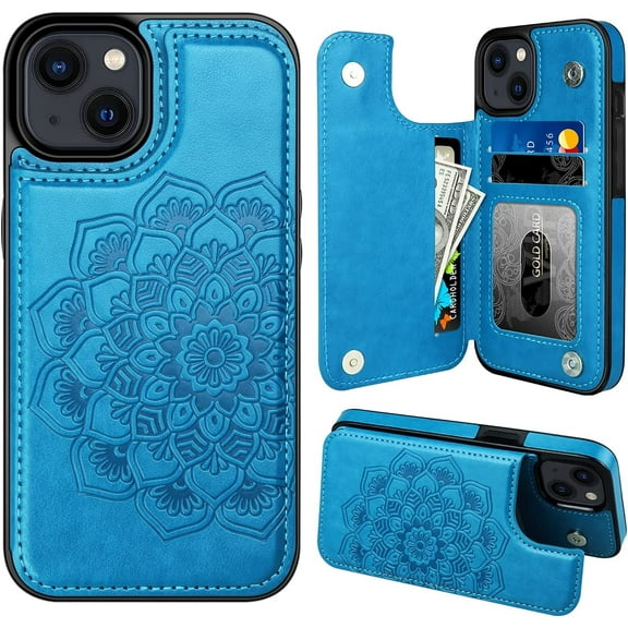for iPhone 14 Case with Card Holder, Flower Magnetic Back Flip Case for iPhone 14 Wallet Case for Women, Protective Case Phone Case for iPhone 14,Blue