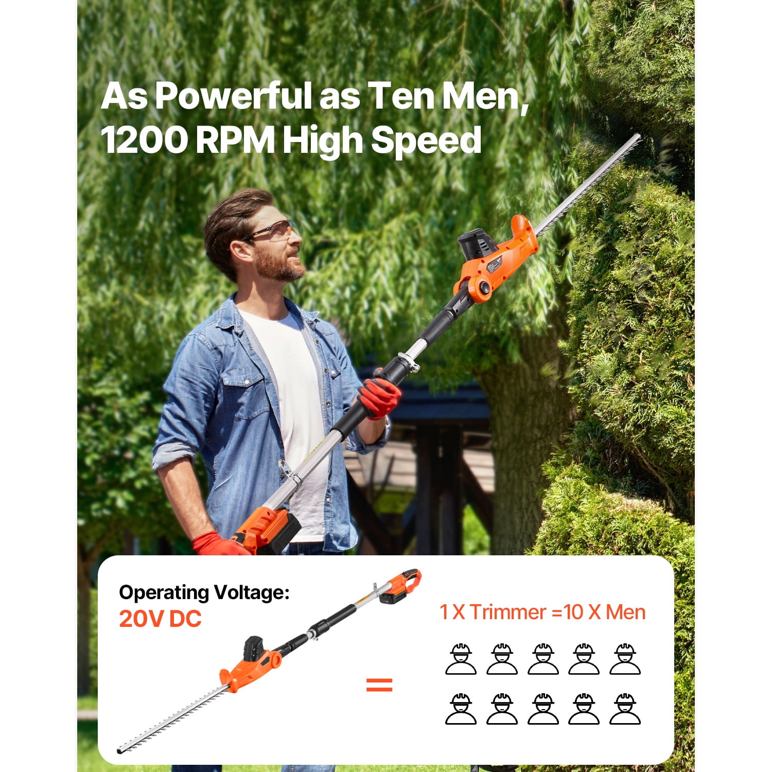 KFFKFF Cordless Hedge Trimmer, 1200 RPM, Extendable 6.2 - 7.8 Ft, Pole Trimmer for Elevated Branches, Comes with 20V Battery, 20 in Blade with 5 Adjustable Angles, for Yard and Garden Maintenance