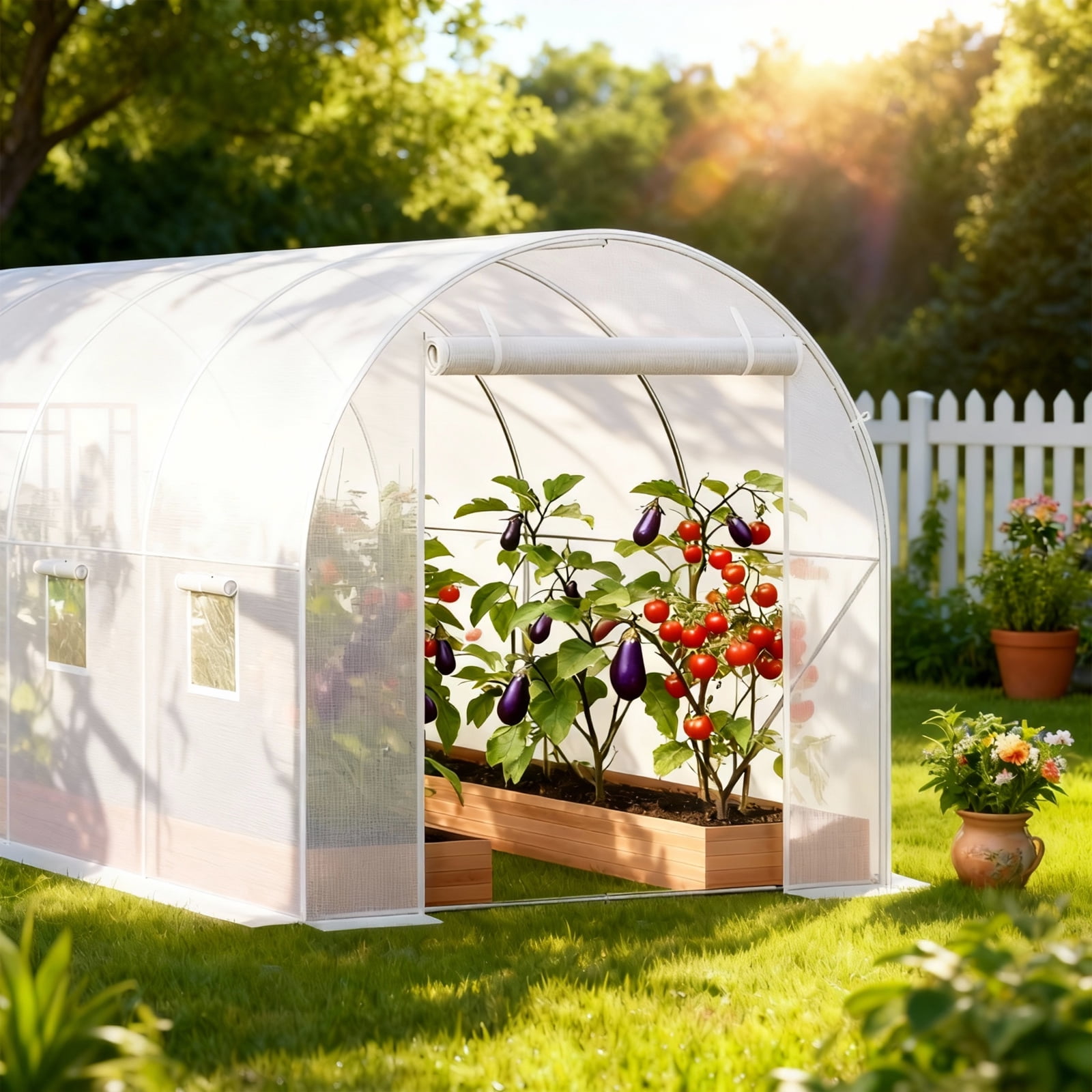 Large Outdoor Greenhouse with Screen Door, Portable Walk-in Tunnel Greenhouse, 14.6x6.4x6.3 Ft Hoop Plant Hot House with Galvanized Steel Frame, White PE Cover, Roll-Up Zipper Door and 8 Windows