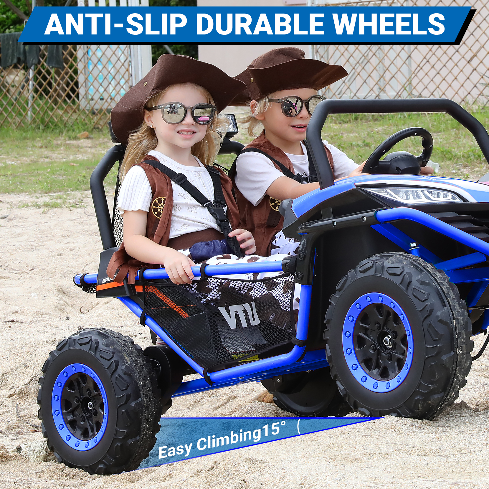 24V Kids Ride on Car, 2 Seater 10Ah Powered on Truck,4*200W Motor Electric Vehicles with Remote Control,Up to 5mph,Spring Suspension UTV for 3-8 Boys Girls,Blue