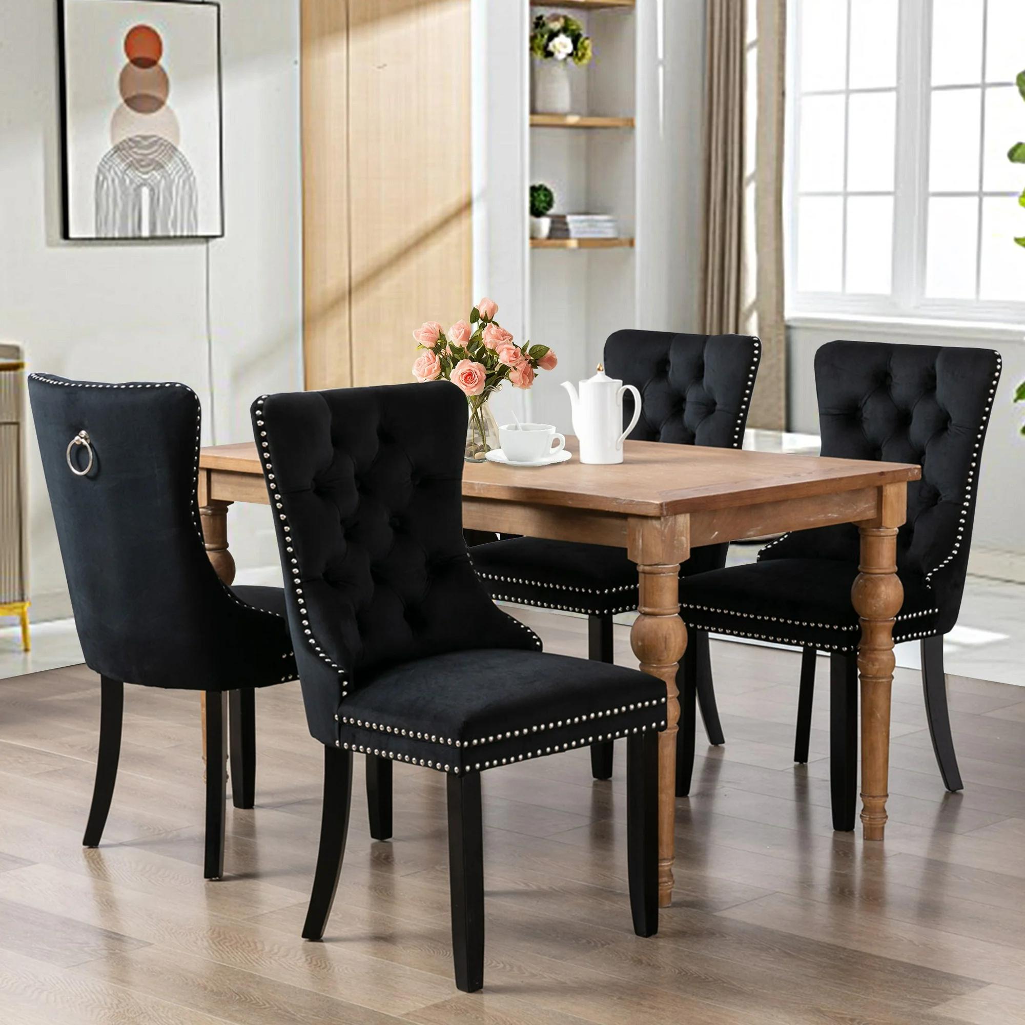 Dining Chairs Set of 2, Upholstered High-End Tufted Dining Room Chair with Back Ring and Nailhead Trim, Modern Velvet Kitchen Chairs with Solid Wood Legs for Kitchen, Home,Black