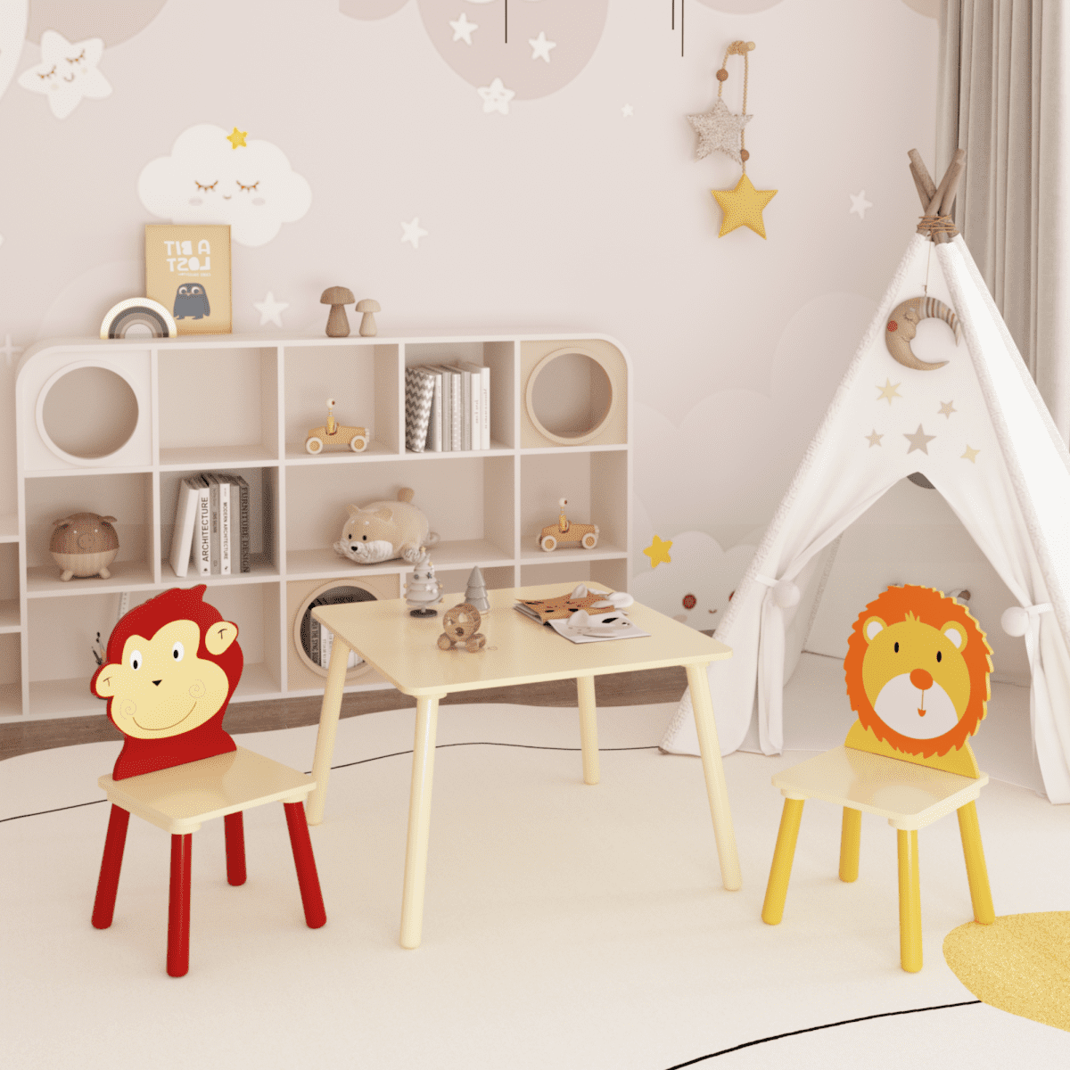 3 Piece Wood Table & Chair Set for Age 2-6 Kids, Drawing or Activity Play Wooden Table and 2 Chairs Set,2 Animals pattern (Lion & Monkey) Chairs for Nursery, Kindergarden