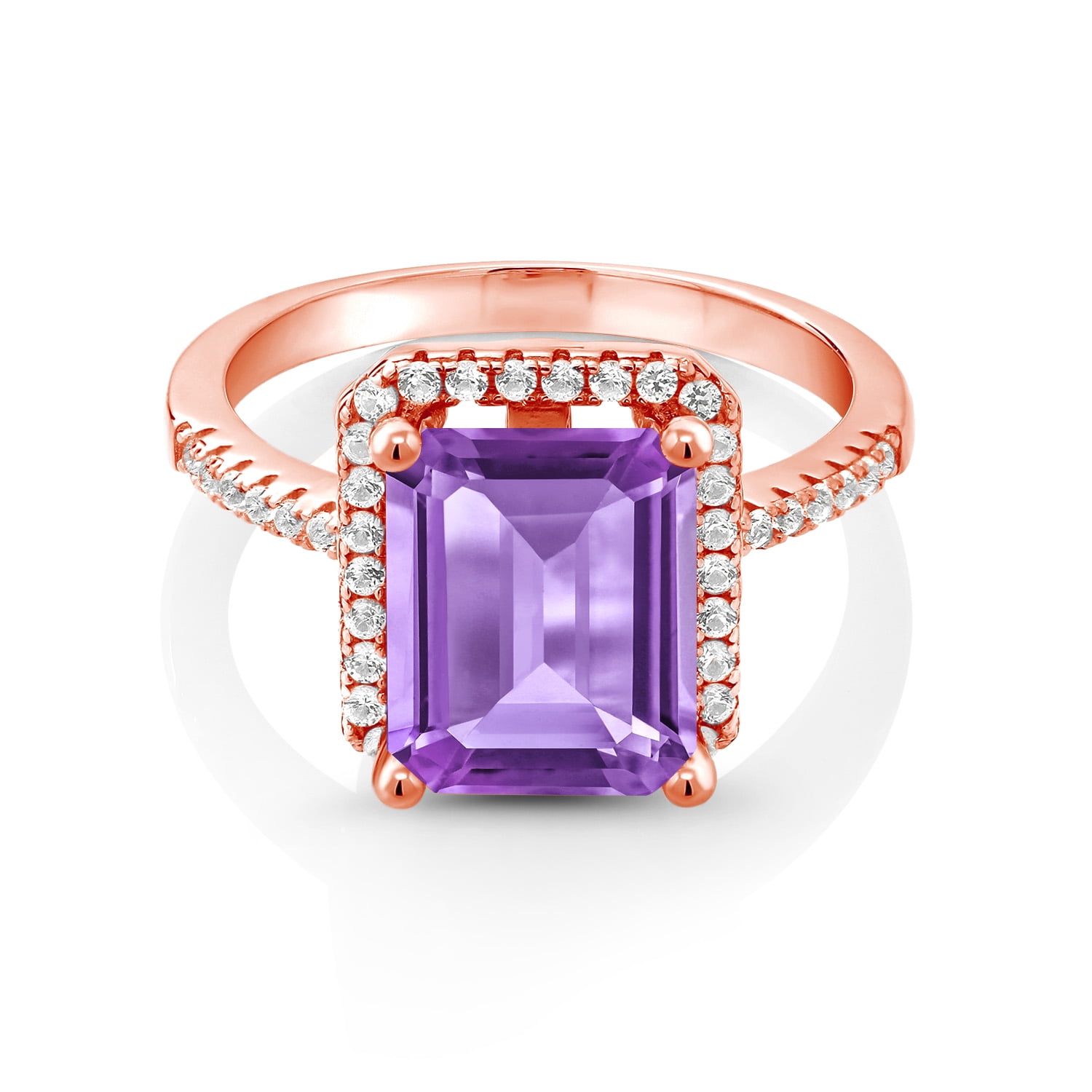 Gem Stone King 18K Rose Gold Plated Silver Purple Amethyst Engagement Ring for Women (3.86 Cttw, Emerald Cut 10X8MM, Gemstone February Birthstone, Size 6)