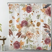 Vintage Farmhouse Fall Shower Curtain for Bathroom,Funny Bird and White Purple Floral on Rustic Grey Wood Fabric Shower Curtain with Hooks,Autumn Plant Leaf Bathroom Curtain Shower Set, 72x78 inches