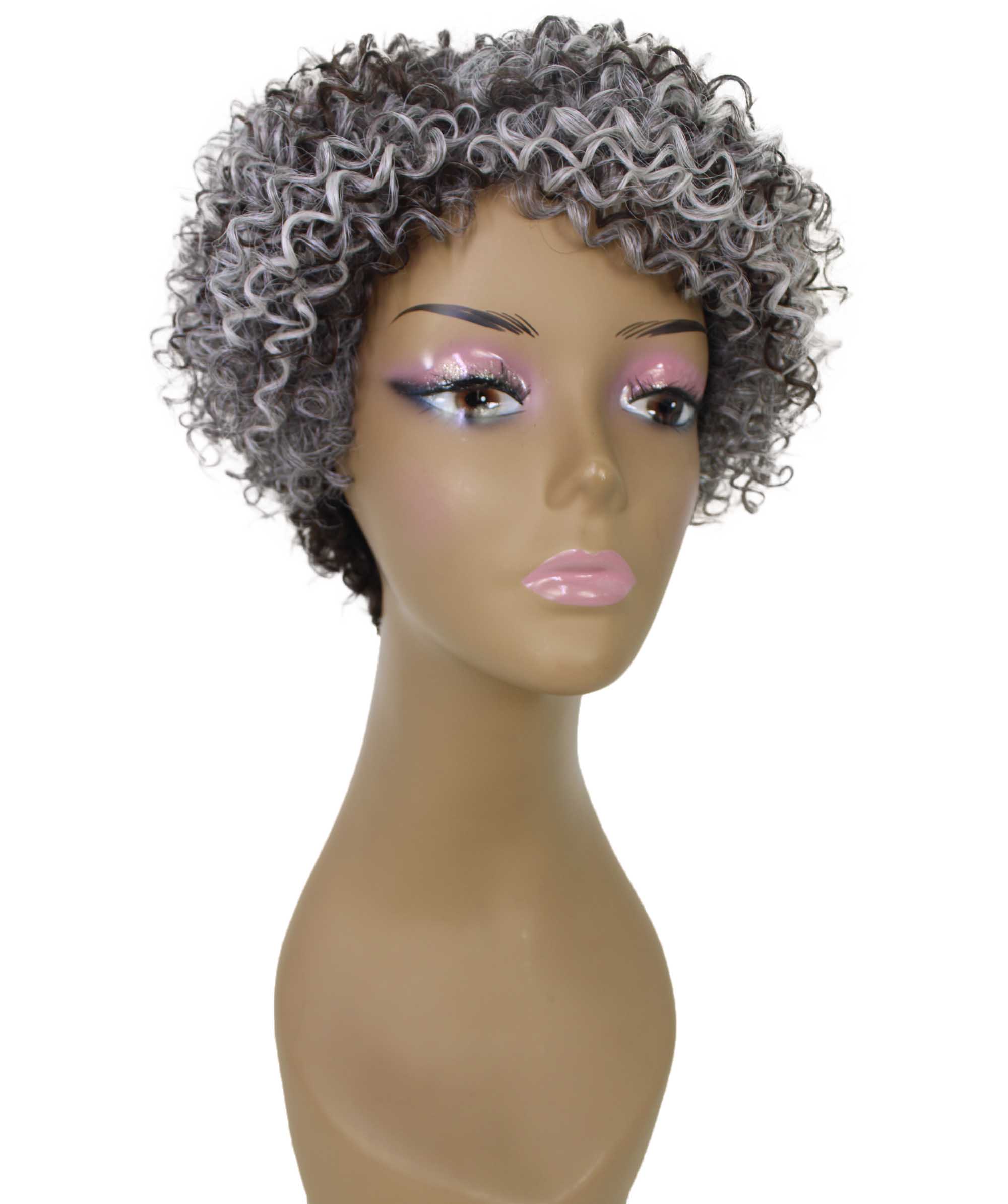 LUXLUXE Leila Curly Kinky 10 in Long Full Wig No Lace Wig, Heat Resistant Fibers, Charcoal Mixed Gray Color