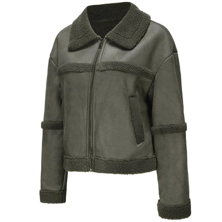 Women Cropped Sherpa Moto Jacket Lapel Faux Leather Coat Women Cropped Sherpa Moto Jacket Lapel Faux Leather Coat