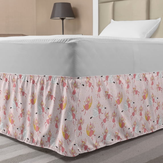 Princess Bed Skirt, Pattern with Flying Fairies Setting on Moon Riding Swan Stick, Elastic Bedskirt Dust Ruffle Wrap Around for Bedding Decor, 4 Sizes, Rose Earth Yellow Pink, by Ambesonne