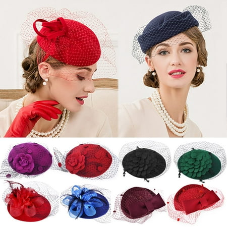 - Womens Lady Elegant Fascinator Wool Felt Hat Party Bow Veil Hair Clip Cocktail Church Party Wedding