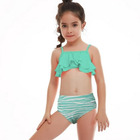 

Bullpiano Kids Girls Ruffled Swimsuits Two-Pieces Bathing Suits Cami Crop Top Striped Bikini Bottoms Quick Dry Swimwear Sunsuit 2-12T