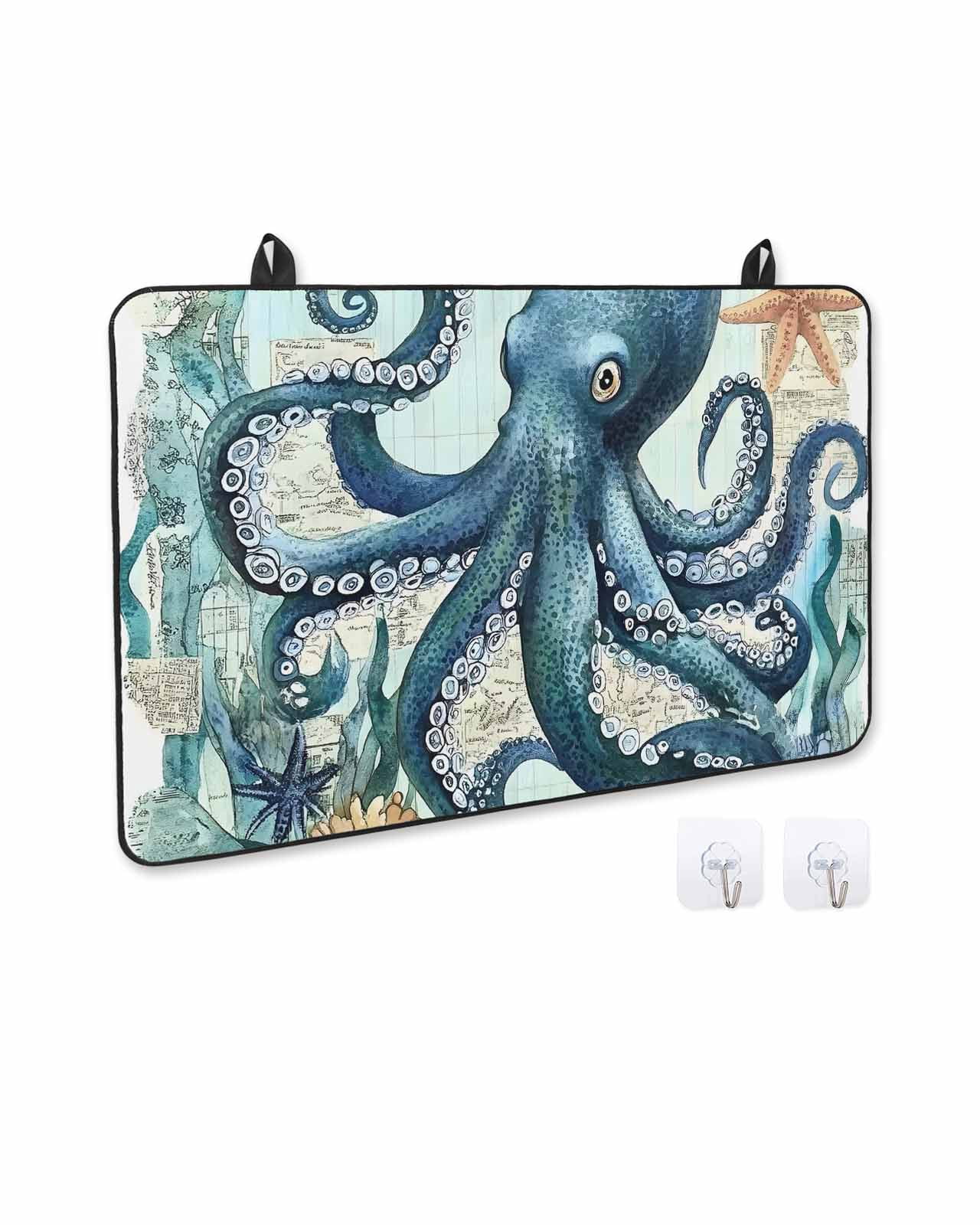 nqOlkjepod Large Induction Cooktop Protector Mat 24"x21", Ocean Octopus Stove Top Covers for Electric Stove, Nautical Coastal Vintage Starfish Coral Stove Burner Cover Mats, Glass Top Stove Cover