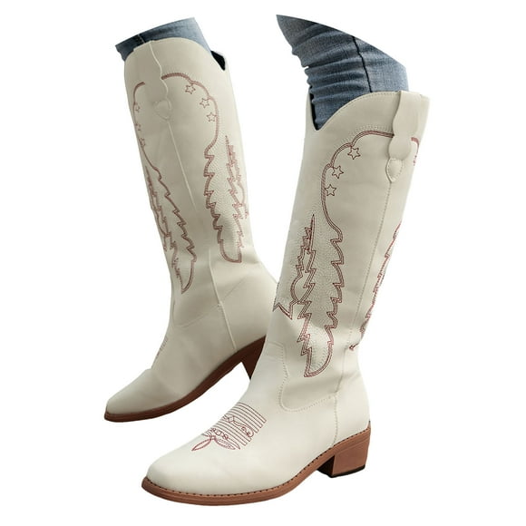 Dakaela Western Cowboy Boots for Women Cowgirl Wide Calf Knee High Boot Embroidered Chunky Heel Tall Boots