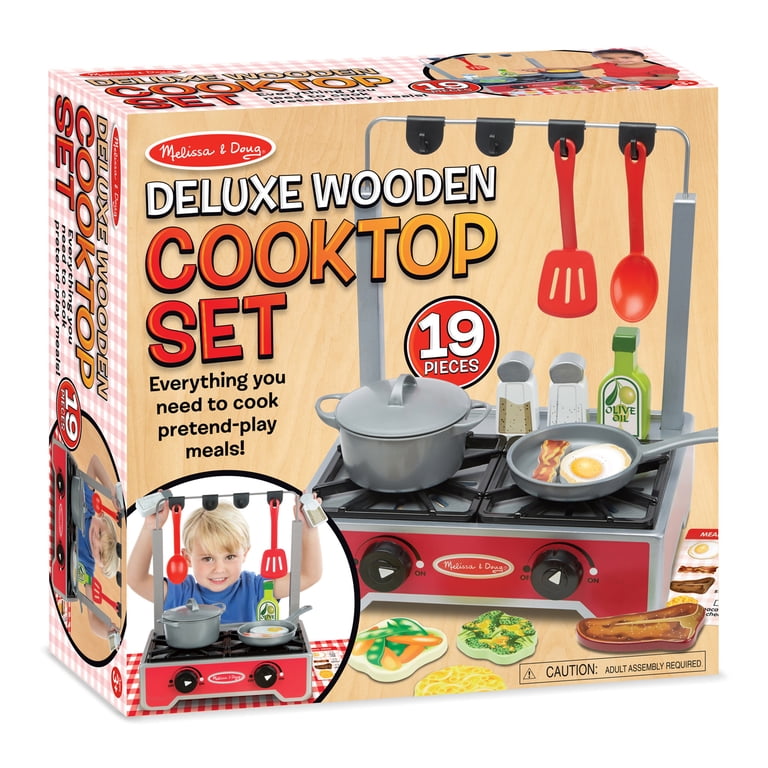 Melissa & Doug 19-Piece Deluxe Wooden Cooktop Set With Wooden Play