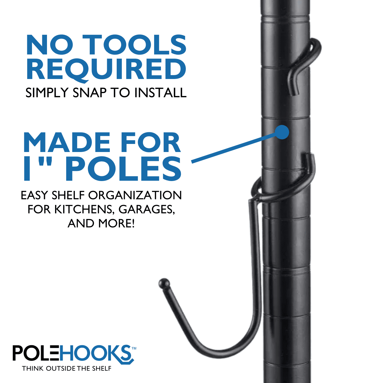 J-Hook - Shelf Pole Hooks for Wire Shelving – 5 Pack – Black  - Fits 1" Pole