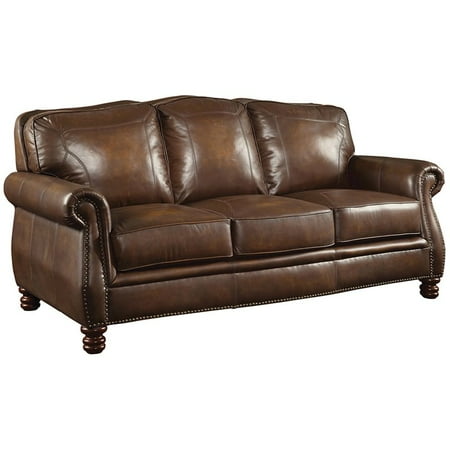 Bowery Hill Leather Sofa With Rolled Arms In Hand Rubbed Brown