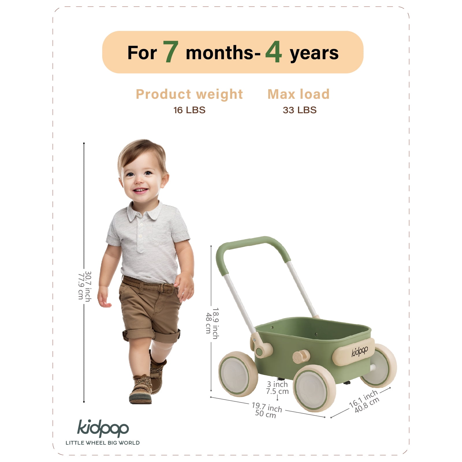 Kidpop PULA Baby Push Walker with Wheels Toddler Wagon for First Learner Baby Toys 6-12 Months, 1 Year Old Birthday Gifts, Indoors and Outdoors