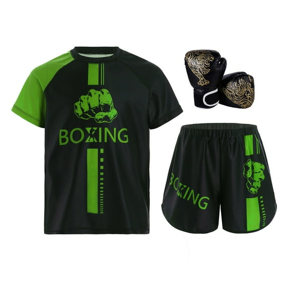 TiaoBug 3 Pcs Kids Boys Boxer Boxing Outfits Short Sleeve Shirt with Shorts and Boxing Gloves Set Green&Black 14