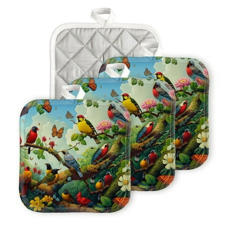 

BaHomeck Pot Holders 4pcs dacron Made Square heat-resisting mat Machine Washable for Kitchen Oven Hot Pads 6.7inch*6.7inch Various Birds And Butterflies In Open Forest